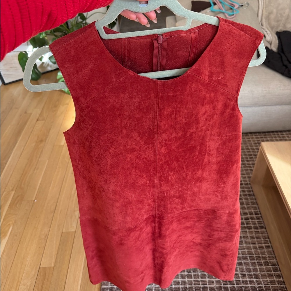 Red holiday shift dress suede